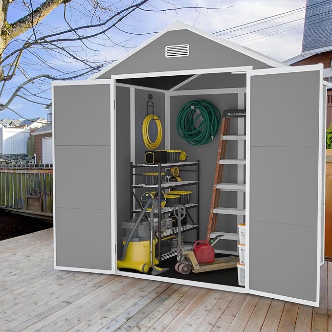6x5 FT Resin Storage Shed,Garden House with Floor & Lockable Door,Waterproof Plastic Tool Sheds W/Slanting Roof Visual Window & Air Vents for Bicycles,Lawnmowers,Lawn,All Weather Use,Gray