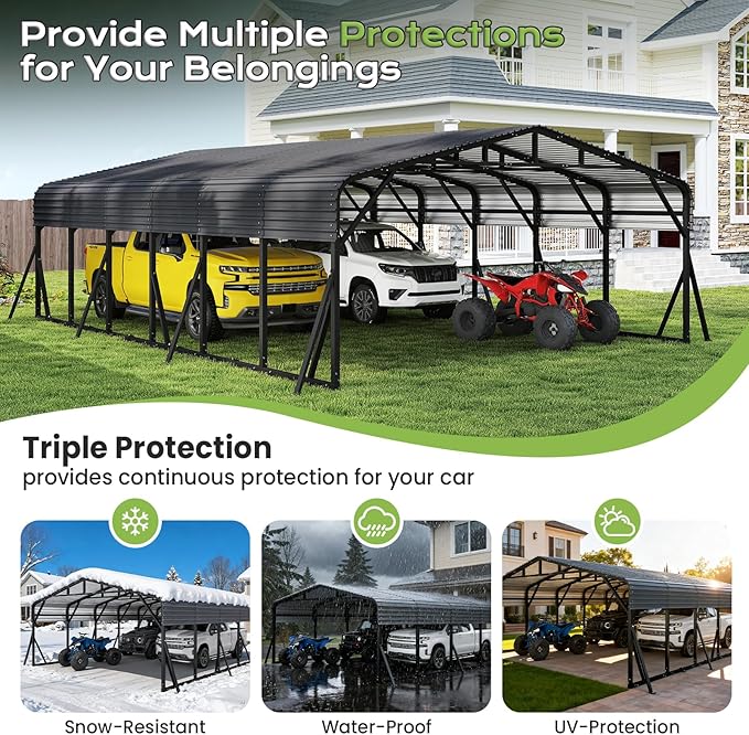 20x30FT Heavy Duty Metal Carport, Outdoor Portable Car Garage w/Reinforced Support Rods & Windproof Ground Anchors, All-Season Versatile Outdoor Shelter for 3 Car, Boats, Truck