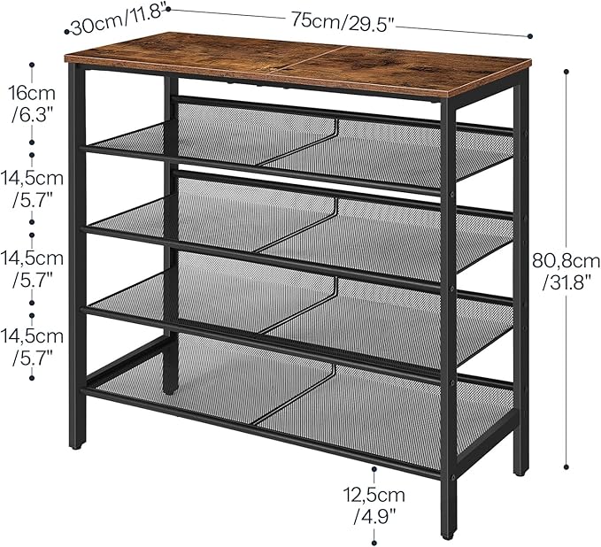 HOOBRO Shoe Rack for Entryway, 5-Tier Shoe Organizer with Adjustable Mesh Shelves, 16-20 Pairs of Shoes, Spacious Floor Mount, Metal, Industrial, Shoe Shelf for Closet, Rustic Brown BF12XJ01