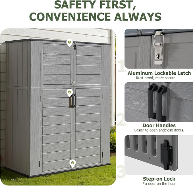 Aoxun 61 Cu.Ft Outdoor Storage Shed, Widened Outdoor Storage Cabinet Waterproof Vertical Resin Shed with Floor for Patio, Garden Tools, Pool Equipment, Easy to Assemble (Grey)
