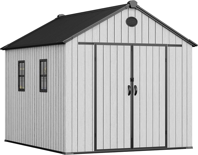 YITAHOME 8x10 FT Outdoor Storage Shed with 2 Vision Windows, Extra Thick Plastic Garden Shed, Waterproof Heavy Duty Resin Shed with Floor, Vents & Lockable Doors for Patio, Bikes Tools Supplies, Gray