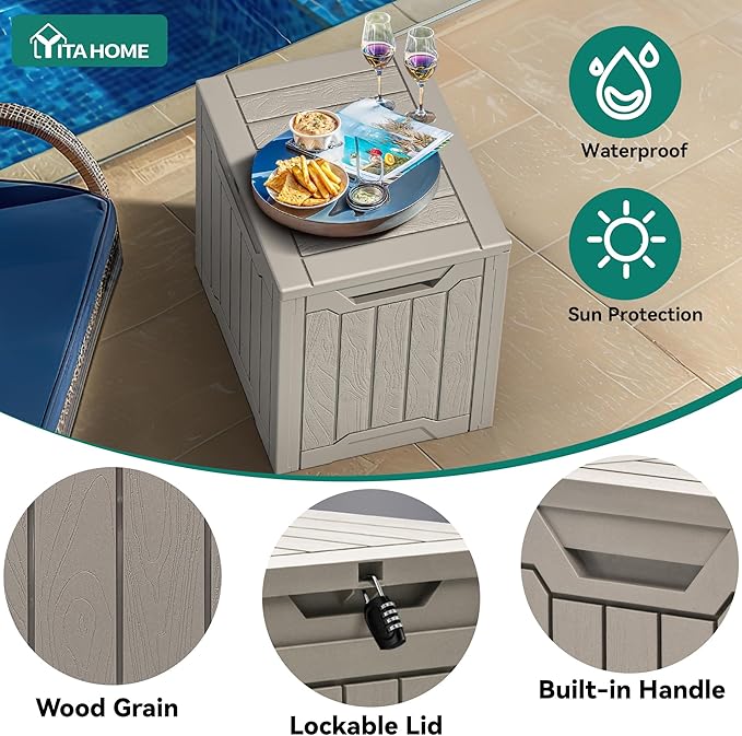 YITAHOME Outdoor Resin Storage Box 31 Gal, Water-resistant Patio Deck Box Outdoor Storage Box for Pillows, Garden Equipment, Securely Lockable, Light Brown