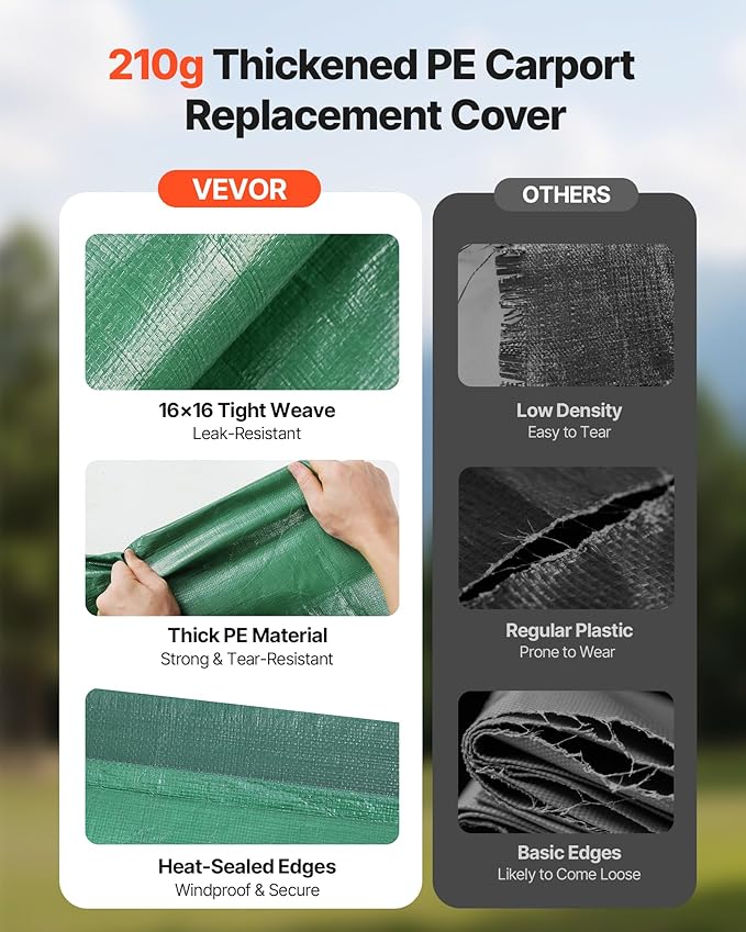 VEVOR Carport Replacement Canopy Cover, 10 x 20 ft Potable Garage Tent Top Tarp, UV-Resistant & Waterproof Car Shelter Tarp, Heavy Duty Car Port Cover with Ball Buggees, Dark Green, Frame Not Included