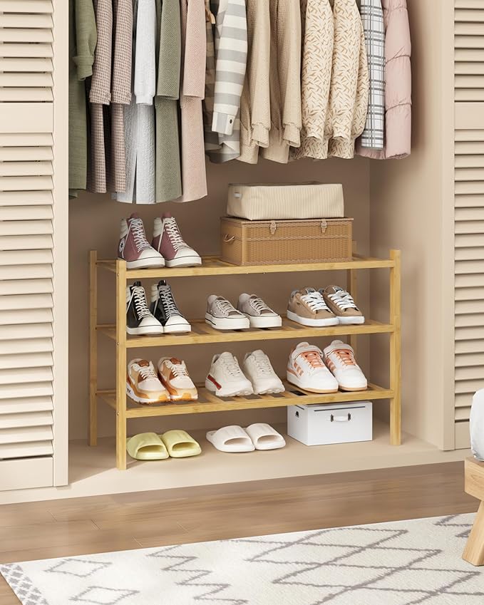 Kitsure Bamboo Wooden Shoe Rack for Closet - Stackable Shoe Organizer with Modular Structure, Space-Saving Shoe Shelf for Entryway, Living Room, Bedroom, 26.8" x 11" x 18.9", Natural