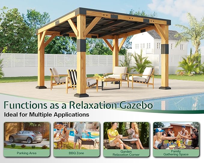 Jocisland 10x12x8 FT Cedar Wood Carport, Heavy Duty Canopy Carport with Sloped Galvanized Steel Roof for All Weather, Permanent Shelter for Tractor, Motorcycle, Bike & Garden Tools