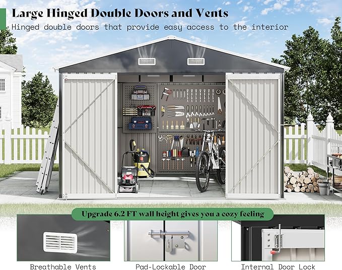 AMERLIFE 10x12x7 FT Outdoor Storage Shed with 2 Transparent Panels, Metal Garden Shed with Hinged Double Doors, 2 Windows & 4 Vents, Reinforced Steel Frame for Backyard, Garden, Dark Gray