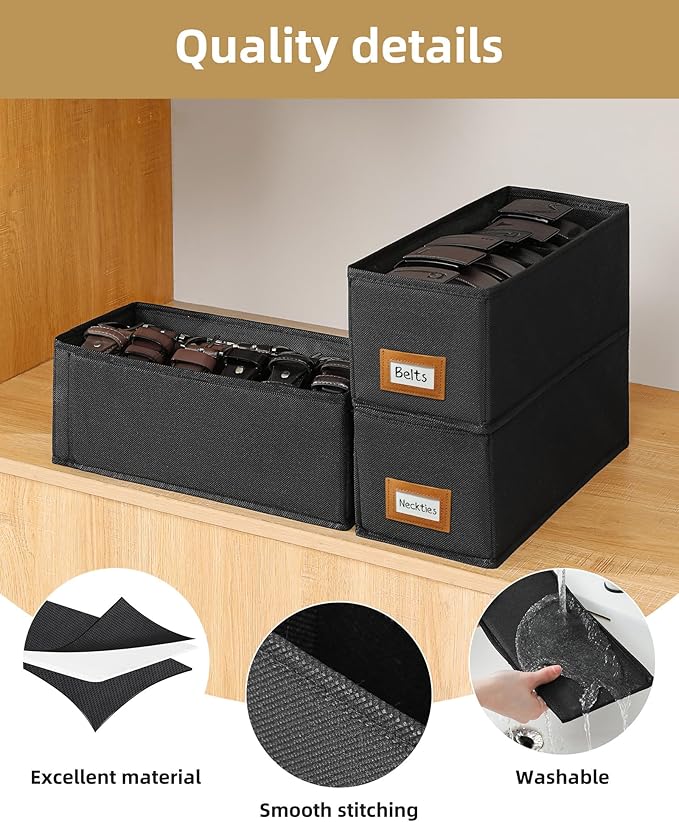 4 PCS Belt Organizer for Drawer & Closet, 6 Grids Foldable Fabric Belt Holder, Washable Belt Storage Box, Tie Organizer for Men