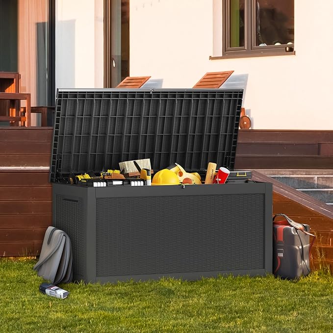 320 Gallon Outdoor Deck Box,Waterproof Resin Outdoor Storage Boxes, Outside Storage Lockable Container for Garden Tools,Indooor Cushions,Accessories (Black)