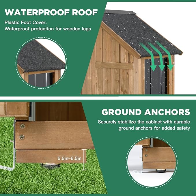 Outdoor Storage Cabinet, Wood & Metal Storage Shed with Weather-Resistant Roof, Adjustable Shelf, Lockable Doors & Adjustable Feet, for Garden, Patio, Backyard, 27.5" x 13" x 67"