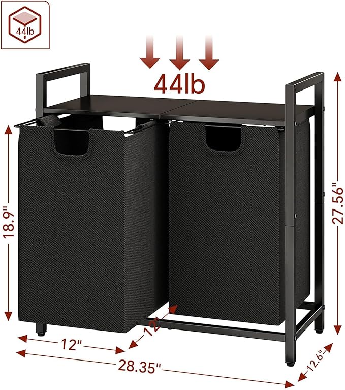 Kitstorack Laundry Basket Organizer, Laundry Hamper with Shelf & 2 Pull-Out Removable Bags, Dirty Clothes Hamper Organizer for Laundry Room Bathroom and Dorm, 2 x 11.8 gallons (44.5L)