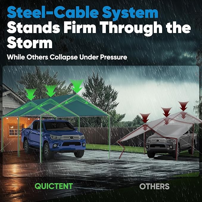 Quictent 10x20 ft Heavy Duty Car Canopy Galvanized Frame Carport Outdoor Party Tent Boat Shelter with 3 Reinforced Steel Cables - Green