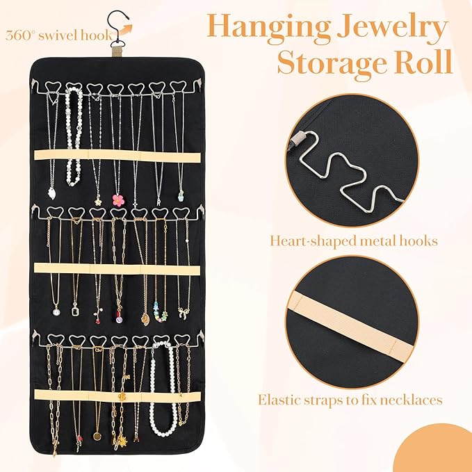 2 Pack Hanging Jewelry Organizer Storage Roll, with 96 Pockets 42 Necklace Hooks 33”x14” Double Sided Wall Mount Earring Holder Large Bracelet Display Hanger Storage Bag for Closet Door