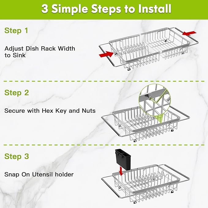 JASIWAY Dish Drying Rack in Sink, Expandable Stainless Steel Dish Drainer for Kitchen Sink, Dish Strainer Rack, Retractable Over Sink Dish Rack with Utensil Holder, 13.4''~16.9''D x 11.8''W, Silver