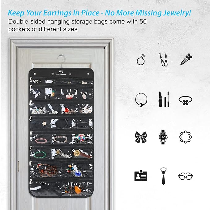 Freegrace Hanging Jewelry Organizer Revolving Hanger - Secure Zipper Closure - 50 Pockets - Foldable Storage & Display Solution - For All Jewelry & Bijoux (Black)