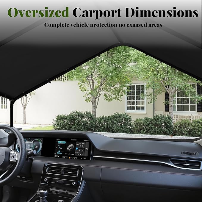 Carport, 10‘ x 20’ Heavy Duty Portable Garage All-Season Car Canopy, Outdoor Garage Boat Shelter Carport Canopy Party Tent w/Water-Resistant Tarp for Backyard (Black, 10' x 20' /no Side)