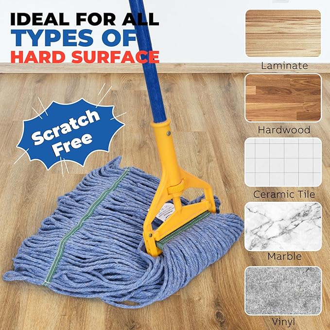 Onesimus 20 oz Mop Head Replacement, Industrial Mops for Floor Cleaning Heavy Duty 4-Ply Cotton Blend Looped End Wet Mop Refills 1.25 in Universal Headband, Large Blue, Case Pack 12 Pcs