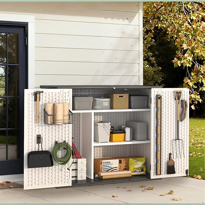 Aoxun Outdoor Storage Cabinet, 41 Cu Ft Waterproof Portable Horizontal Resin Shed Outdoor Storage for Garbage Bin, Generators & Yard Gear (White)
