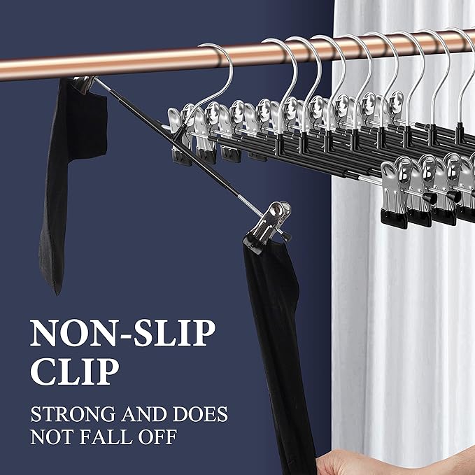 Pants Hangers with Clips for Women 20 Pack Adjustable Heavy Duty Space Saving Skirt Hangers Non-Slip Trousers, Jeans Clothes ,Shorts Black,12Inch