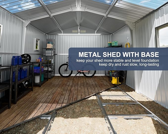 10x12 FT Outdoor Metal Shed with Unique Floor Base Clear Roof Window Lockable Double Door Vent, Waterproof Heavy Duty Reinforced Frame Sheds for Garden Storage Large Lawnmower Tool, Dark Grey