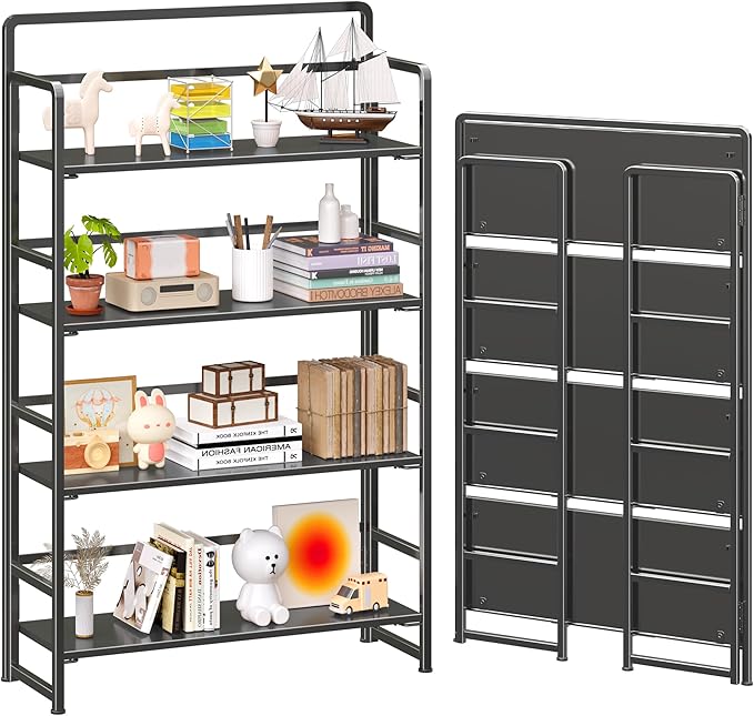 4NM No Assembly Extra Wide 4 Tiers Folding Bookshelf Storage Shelves Vintage Bookcase Standing Racks Study Organizer Home Office (All Black)