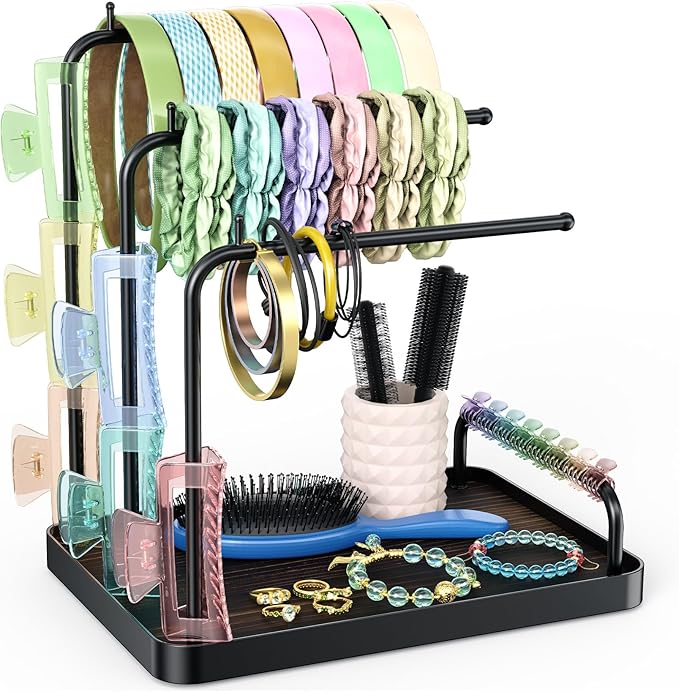 Headband Organizer, Adjustable Angle Hair Tie Holder, Metal Claw Clip Organizer, Hair Hoop Display Stand, Hair Ropes Bow Accessories Storage for Scrunchie Bracelet Bangles Necklace (Black)