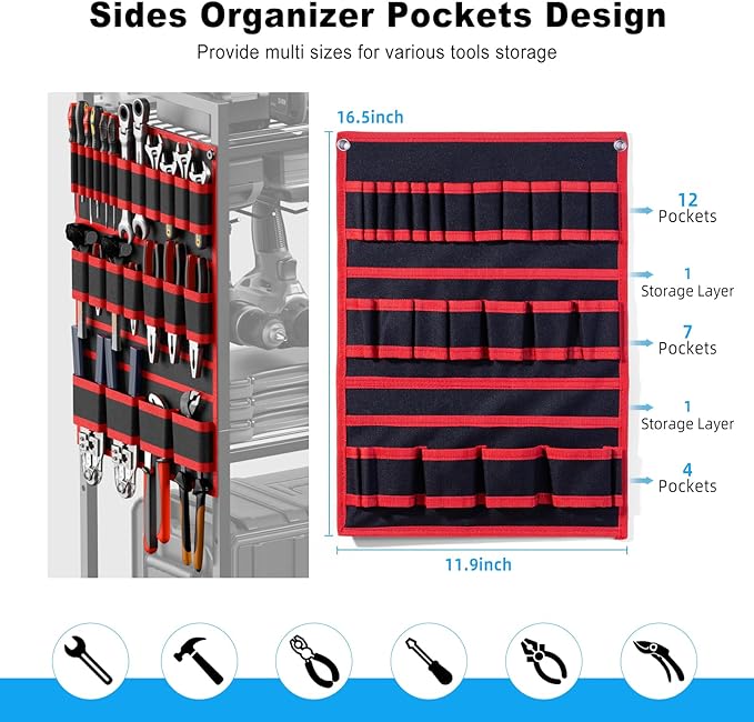 JUNNUJ Large Power Tool Organizer Cart with Charging Station, Garage Floor Standing Rolling Drill and Tools Battery Storage Cart on Wheels, Heavy Duty Utility Rack with 8 Outlet 10 FT Power Strip, Red