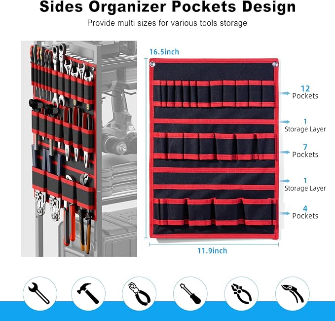 JUNNUJ Large Power Tool Organizer Cart with Charging Station, Garage Floor Standing Rolling Drill and Tools Battery Storage Cart on Wheels, Heavy Duty Utility Rack Shelf with 8 Outlet Power Strip, Red