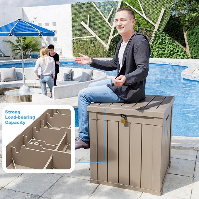 50 Gallon Outdoor Deck Box,Waterproof Resin Outdoor Storage Boxes, Outside Storage Lockable Container for Garden Tools,Indooor Cushions,Accessories (Grey)