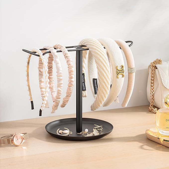 Headband Holder for Hair Accessories: Elegant Organizer with Storage Tray, Perfect for Girls' Vanity, Dresser, or Bathroom, Black