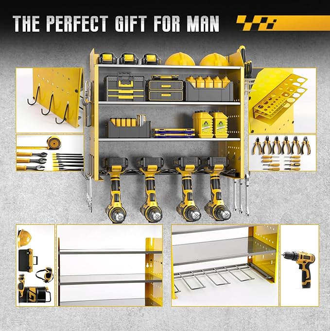 Power Tool Organizer Rack for Home Tool Storage, 4 Tier Wall Organizer for Drills, Tool Battery Storage, Utility Holder Wall Mountr with Hooks,Yellow