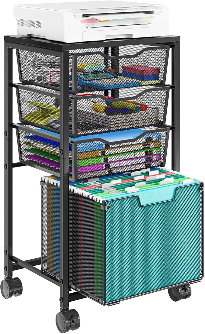 4 Drawers Rolling File Cart, Under Desk Mobile Filing Cabinet with Wheels, File Cabinets for Home Office, Hanging File Folder Organizer Utility Craft Cart Printer Stand, Black