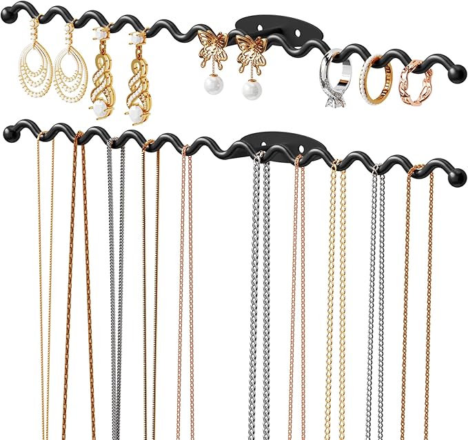 NiHome Wall Mounted Metal Jewelry Organizer Racks for Necklaces, Earrings, Bracelets, Rings, Decorative Display Wave Design Storage Holders for Bedroom, Bathroom, Kitchen, Entryway (2-Pack, Black)