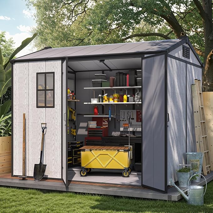 MELLCOM 6 x 8 FT Resin Outdoor Storage Shed with Floor, Resin Outdoor Storage Tool Shed with Windows and Lockable Door, Garden Shed for Lawnmower, Bike, Pool Supply