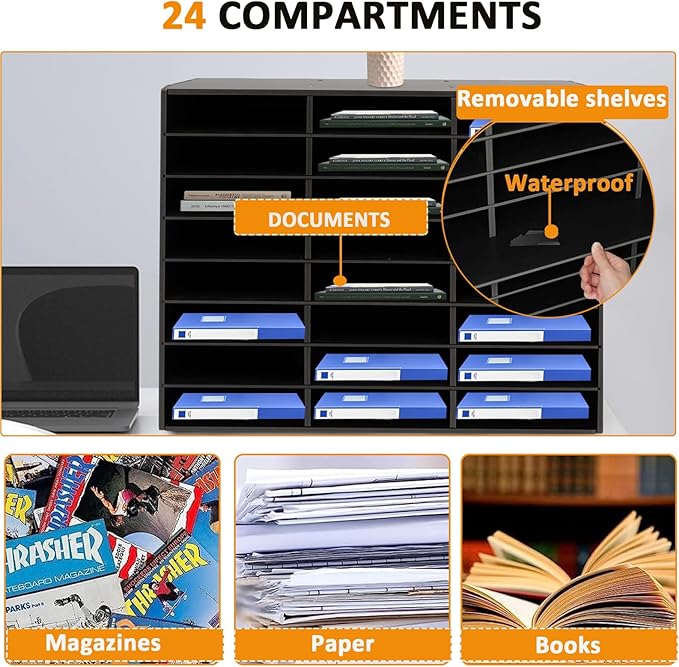 LOYALHEARTDY Literature Organizer, 24 Compartments Paper Storage Cabinet Mail Organizer, 29X 11.9 X 23.5 Inch Desktop File Sorter Mail Center Mailbox School Classroom Keepers for Home&Office, Black