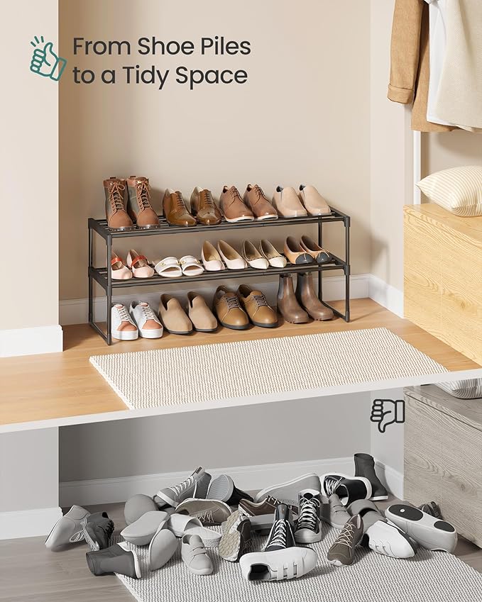 SONGMICS Shoe Rack, 2-Tier Shoe Organizer, Metal Storage Shelf, Upright or Upside Down, for 12-15 Pairs, Stackable, for Entryway, 11.8 x 36.2 x 13.4 Inches, Black ULSA12BK