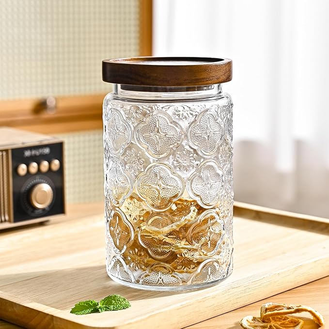 32oz Vintage Glass Jars With Lids, Airtight Food Storage Containers, Kitchen Canisters For Sugar, Coffee, Tea, Spice, Flour, Candy Cookie, Pasta, Cereal, Cute Decorative Jars