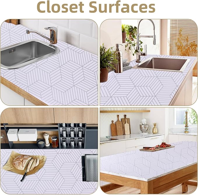 Shelf Liners for Kitchen Cabinets 12in x 20FT, Non Adhesive Cabinet Liner Strong Non-Slip Thickened Silver Geometric Easy to Clean for Shelf, Cabinet, Refrigerator with Knife and Tape Measure
