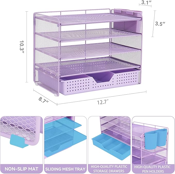 Desk Organizers and Accessories, 5-Tier Paper Letter Tray Organizer with Drawer & 2 Pen Holders, Desktop Organizer for Office Supplies (Purple)