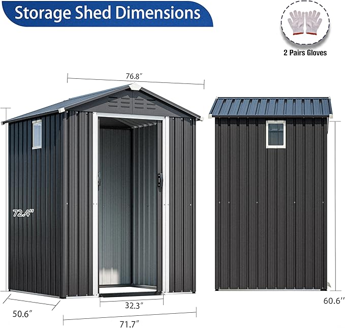 JYQAQA 6x4 FT Outdoor Storage Shed,Waterproof Metal Garden Sheds with Lockable Double Door,Weather Resistant Steel Tool Storage House Shed for Garden,Patio,Lawn, Gray
