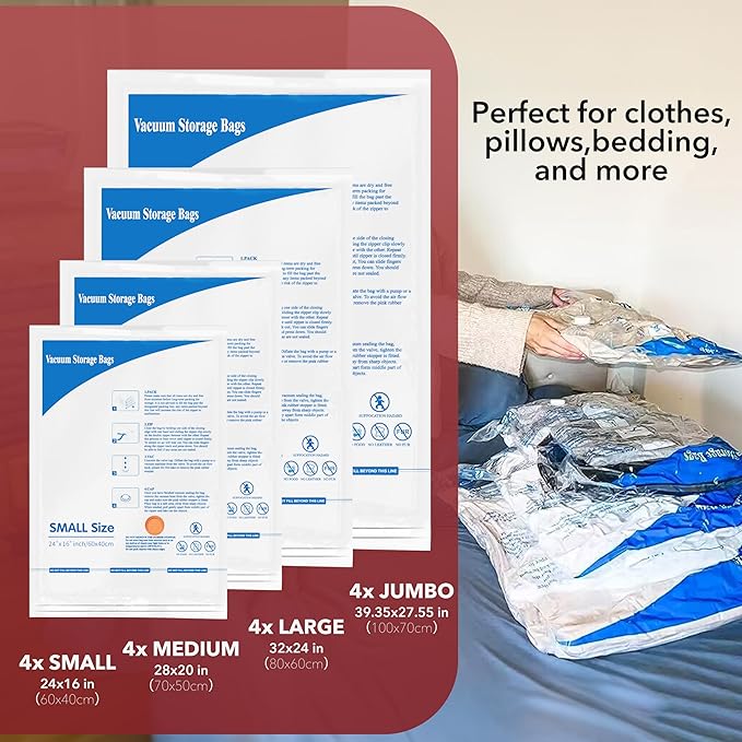 MEIQIHOME Vacuum Storage Bags, Space Saver Sealer Bags,Vacuum seal bags for clothing, Pillows, Comforters, Blankets, Bedding,16 Pack Vacuum Storage Bags with Electric Pump