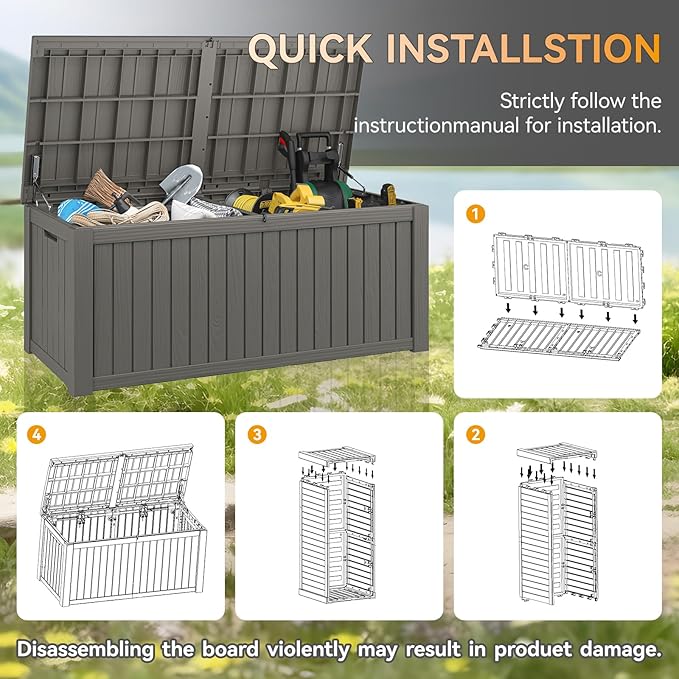 180 Gallon Outdoor Storage Box, Resin Deck Boxes Outdoor Waterproof For Patio Furniture, Garden Tools, Pool Supplies, Lockable And UV Resistant (Striped Gray)