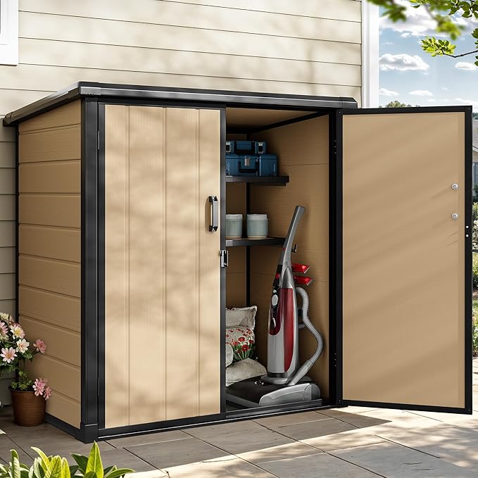 DWVO 54 cuft Outdoor Storage Shed with 2 Shelves, 4.2x2.6x5ft Vertical Tool Shed with Floor & Lockable Doors, Sturdy Double-Wall Plastic Cabinet for Garbage Cans and Garden Equipment (Brown)