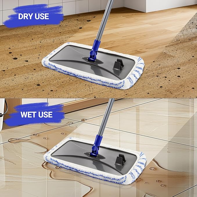 Masthome Extra Large Microfiber Mop for Floor Cleaning, 16“ Flat Mop with 5 Pad for Wet & Dry Use, Dust Mop for Hardwood Laminate Tile Ceramic, 1 Cleaning Scraper Included-Blue