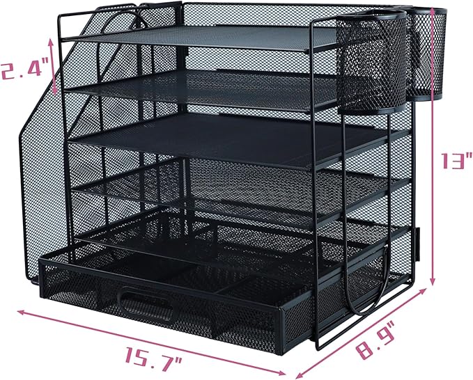 Desk Organizers and Accessories with File Holder, 6-Tier Paper Letter Tray Organiser with Drawer and 2 Pen Holder, Mesh Desktop Document Organizer for Office Supplies, Workspace - Black