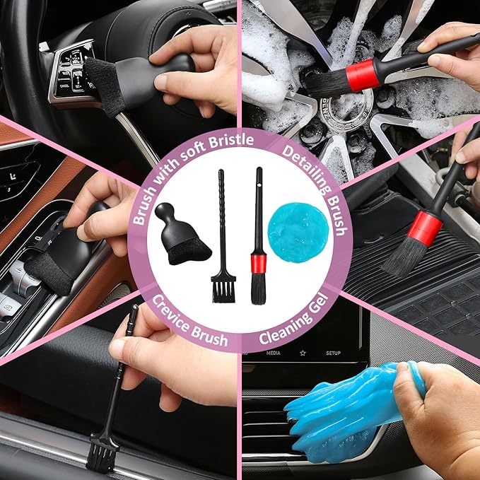 10pcs Windshield Cleaner Tool, Car Window Cleaning Wash Kit with 4 Reusable Microfiber Pads 1 Spray Bottle and Extendable Handle Auto Glass Wiper Kit, Pink