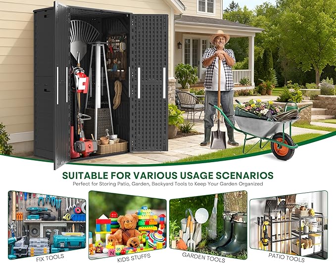 Vertical Outdoor Storage Shed, 60 Cu.Ft Resin Storage Cabinet Waterproof with Lockable Floor, All-Weather Tall Backyard Shed for Patio Furniture, Garage, Garden, Porch (Black)