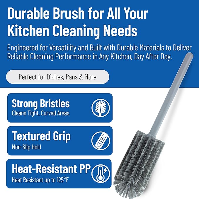 SPARTA Scrub Brush Bottle Brush, Dishwasher Safe Brush with Hanging Hole for Cleaning, Plastic, 16 Inches, Gray, (Pack of 4)