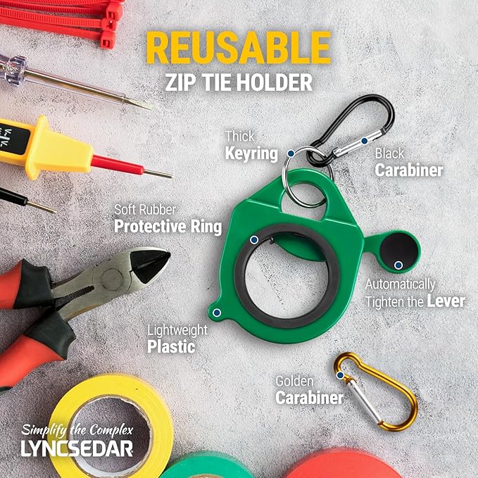 Zip Tie Holder, 2 Pack Green & Blue Reusable Cable Tie Holder, No.5 Carabiner, ABS Plastic, Outdoor Use, Heavy Duty Ziptie Organizer Clip for Electrician Tool Belt Wrap Storage Container