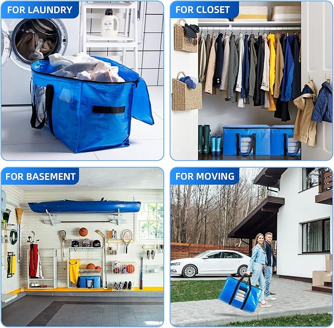 TAILI Extra Large Moving Bags, 6 Pack Blue Heavy Duty Totes for Storage with Visible Window, Wrap Around Handles, Storage Bags for Space Saving, Alternative to Moving Boxes