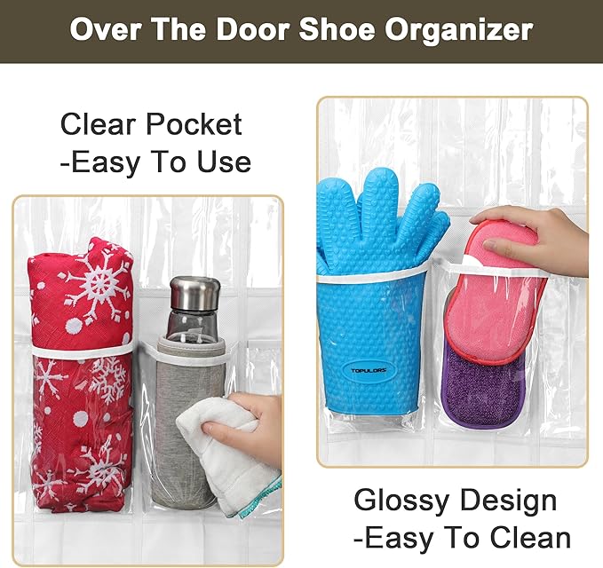 Over The Door Shoe Organizer with 24 Crystal Clear Pockets and Metal Hooks – Heavy Duty Hanging Shoe Storage Rack for Closet, Bathroom, Dorm – Space Saving for Shoes, Accessories, Toys (White)